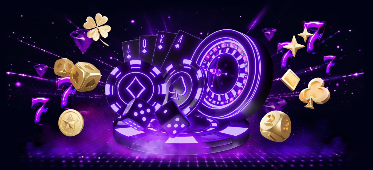 Casino banner med spilleautomater og guldmønter